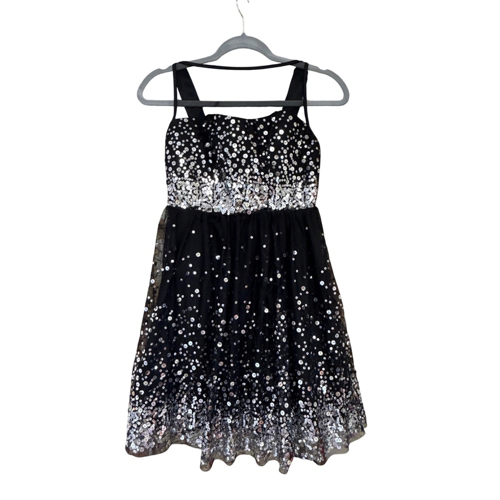dELiA*s Women Black Sequin Mesh Party Dress Silver Gold Fit Flare Size 5/6